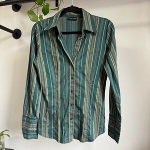 New York & Company Jewel Green Tan Striped Casual Long Button Down Shirt Small
